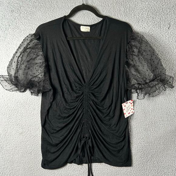 Free Kisses Top Womens 2X-3X Black Ruched V Neck Mesh Puff Sleeve‎ Top - Picture 1 of 9